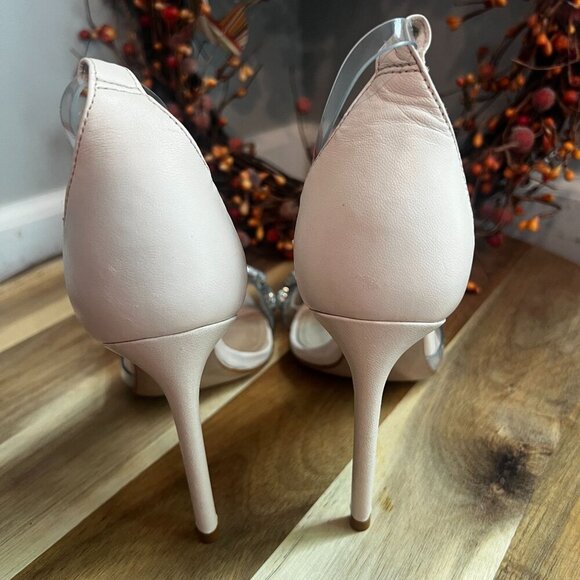 Schutz Vinyl Crystal-Embellished Stiletto Heel Sandal Sz 7.5B Mild Rose Ankle - Picture 6 of 14